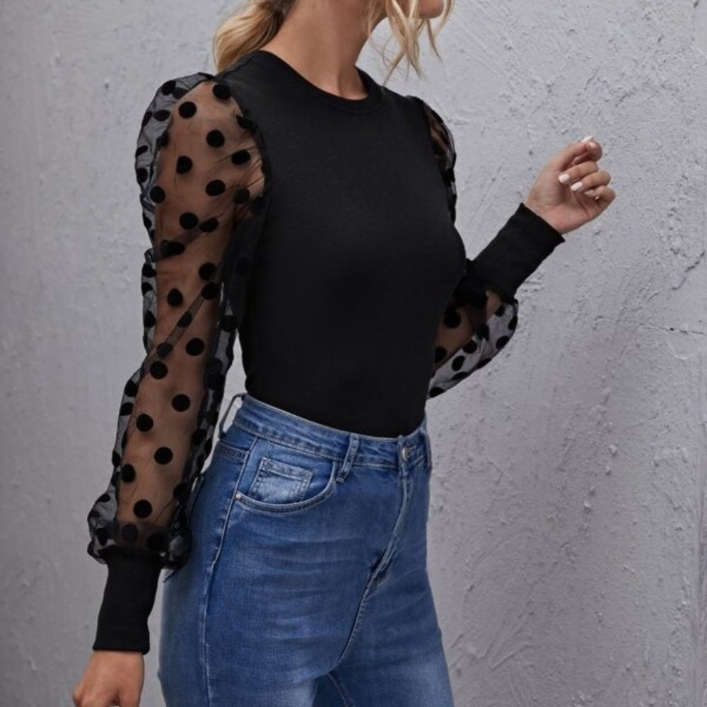 Black sheer long sleeve polka dot blouse fitted - Picture 2 of 5